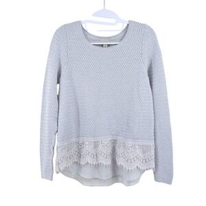 Lucky Brand Gray Pullover Scoop Neck Knit Lace Long Sleeve Sweater Womens Large
